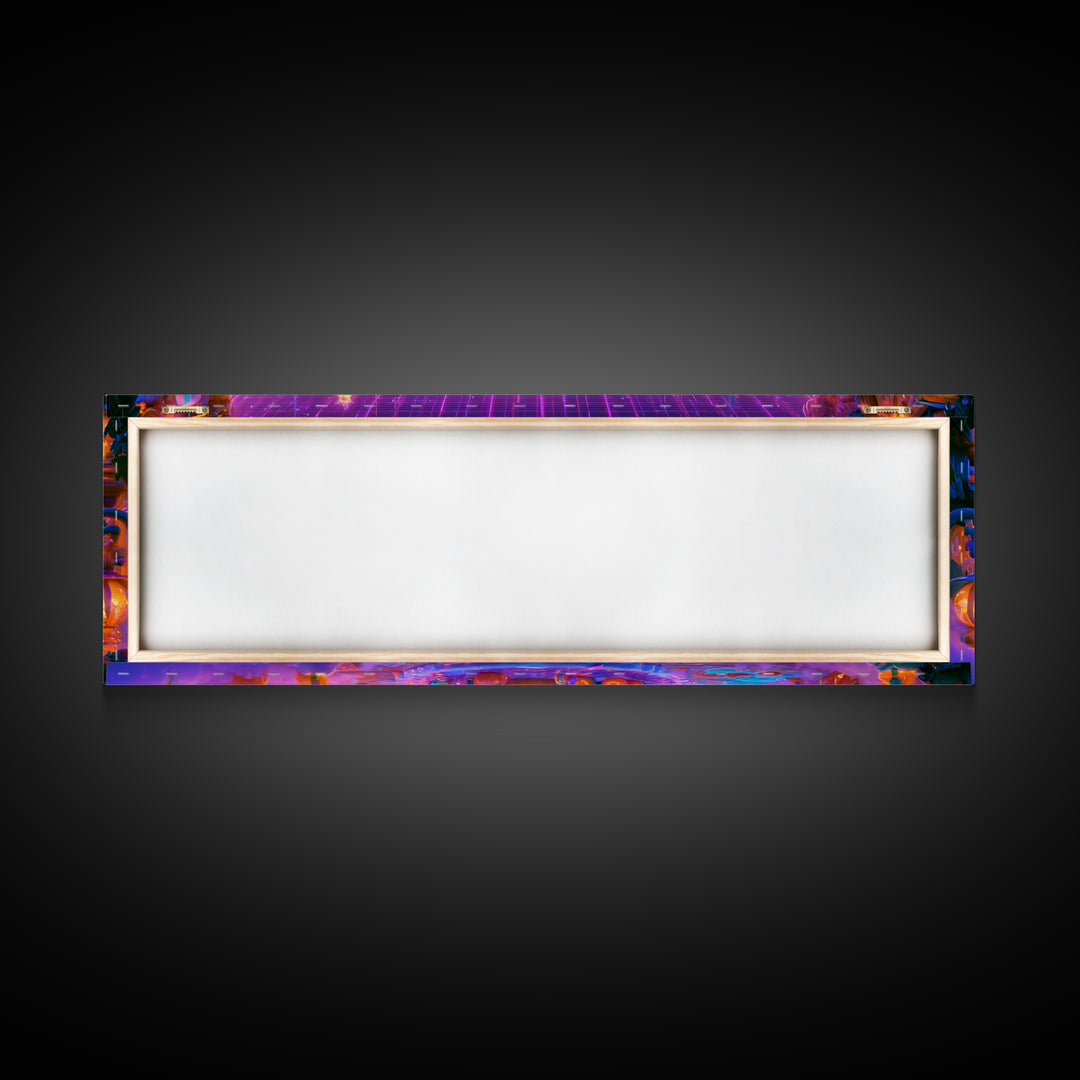 The Trick-Or-Treat Village Square, 80s Halloween Wall Art, Extra Wide Wall Art, Framed Canvas Print, Retro Halloween Decor, Neon Wall Art