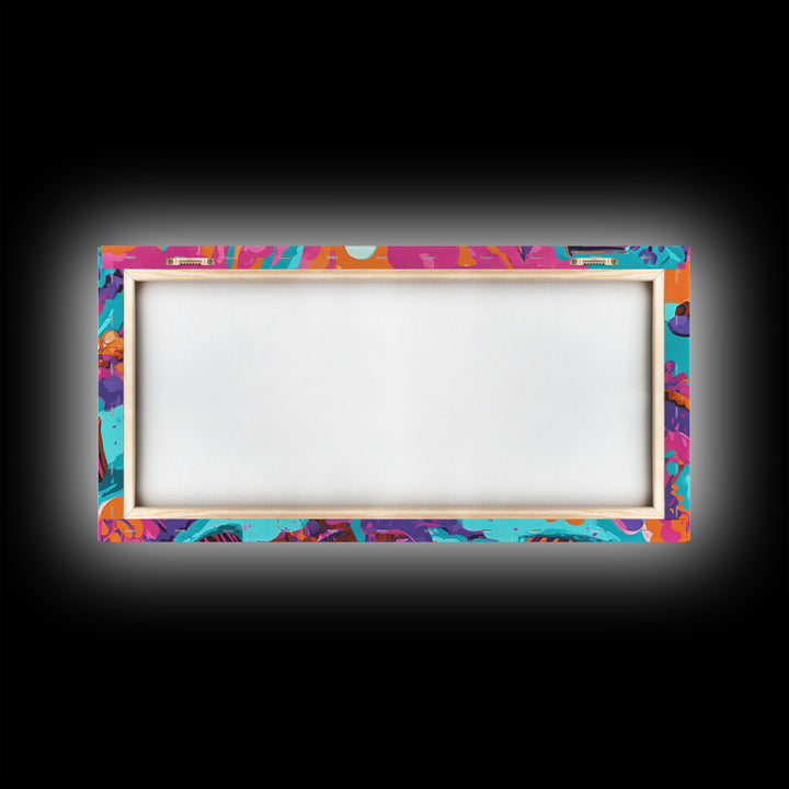 The Brownie Bat Bakery, Cute Spooky Neon Art, Wide Panoramic Art, Framed Canvas Print, Retro Halloween Decor, Neon Wall Art