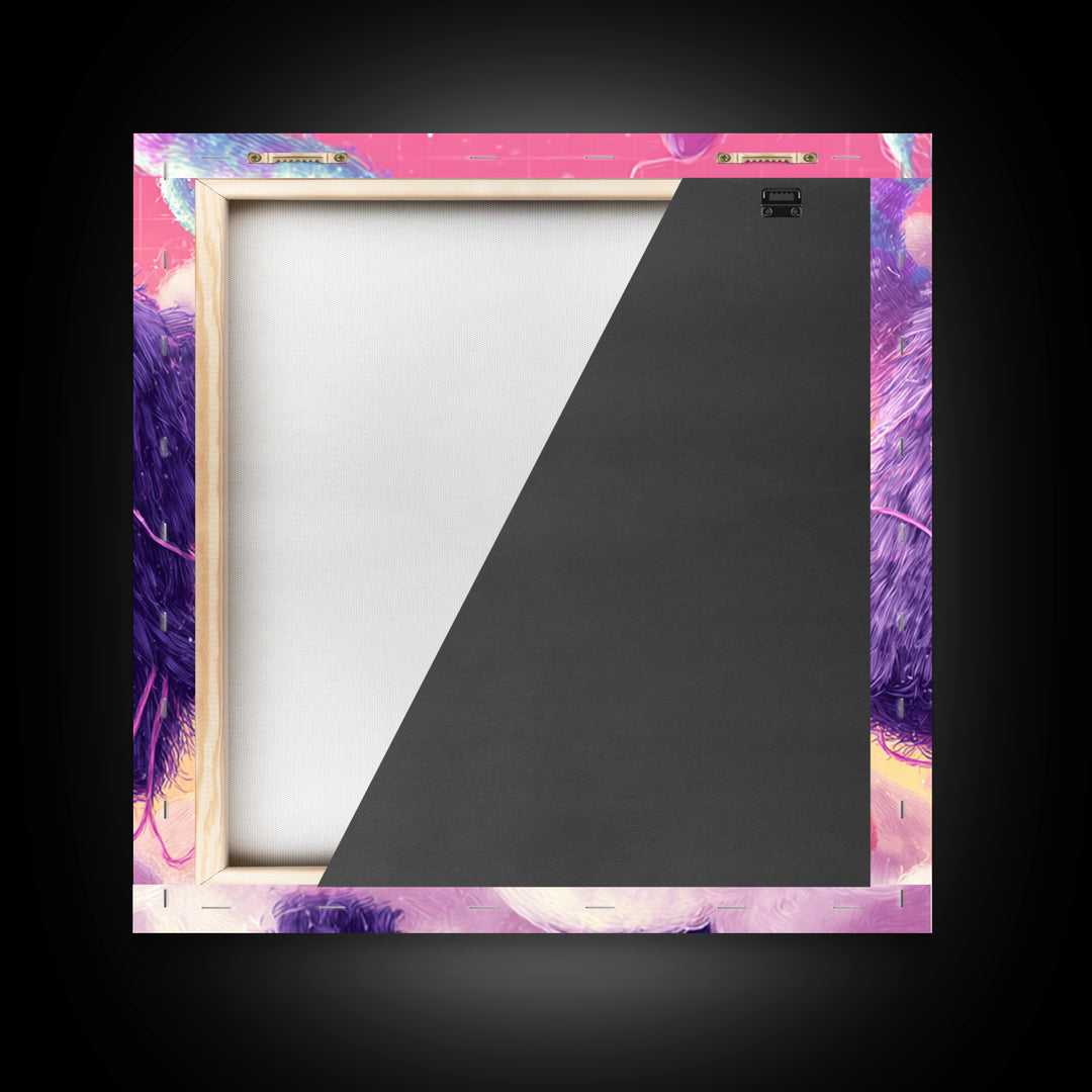 The Fuzzy Purple Monster, Vaporwave Halloween Decor, Square Wall Art, Framed Canvas Print, Retro Halloween Decor, Neon Wall Art