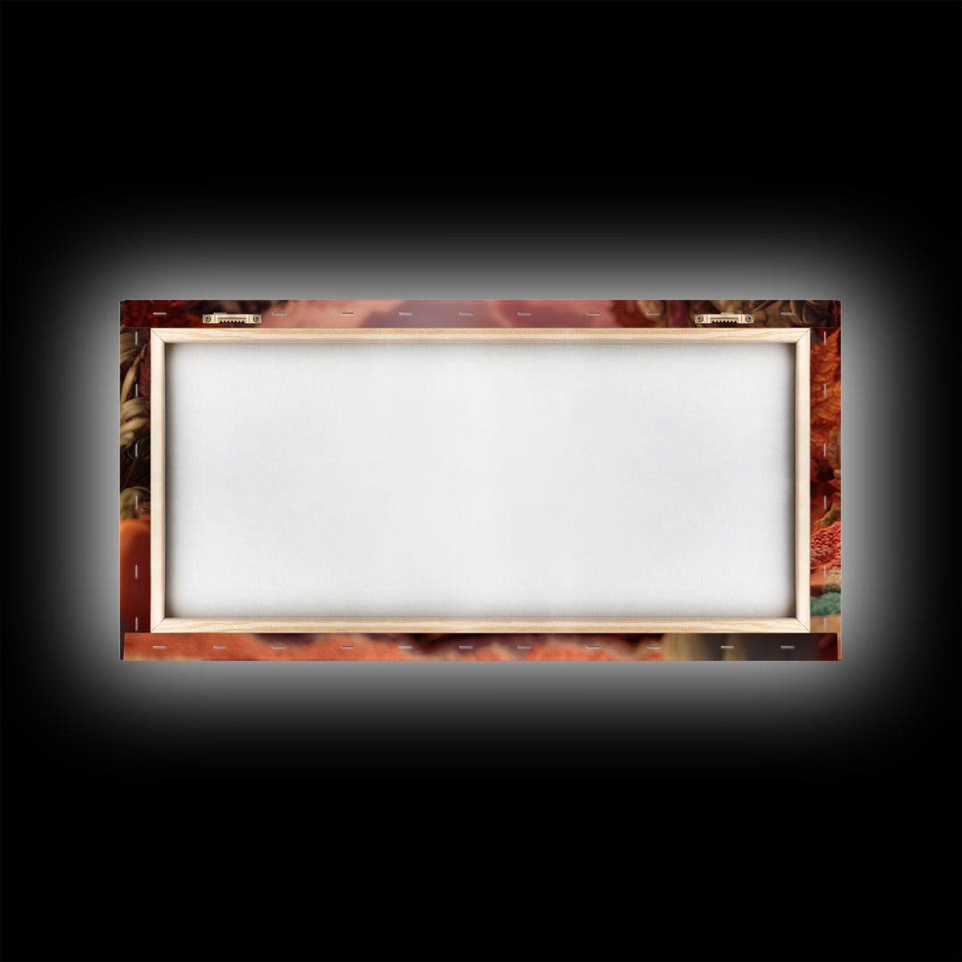 The Monster Under The Bed Tea Party, Vaporwave Halloween Decor, Wide Panoramic Art, Framed Canvas Print, Retro Halloween Decor