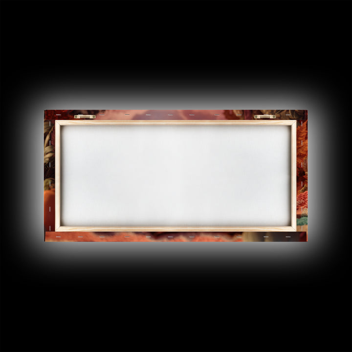 The Monster Under The Bed Tea Party, Vaporwave Halloween Decor, Wide Panoramic Art, Framed Canvas Print, Retro Halloween Decor