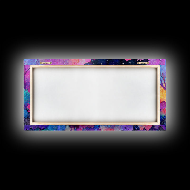 The Moonlit Scavenger Hunt, 80s Halloween Wall Art, Wide Panoramic Art, Canvas Print, Retro Halloween Decor, Neon Wall Art