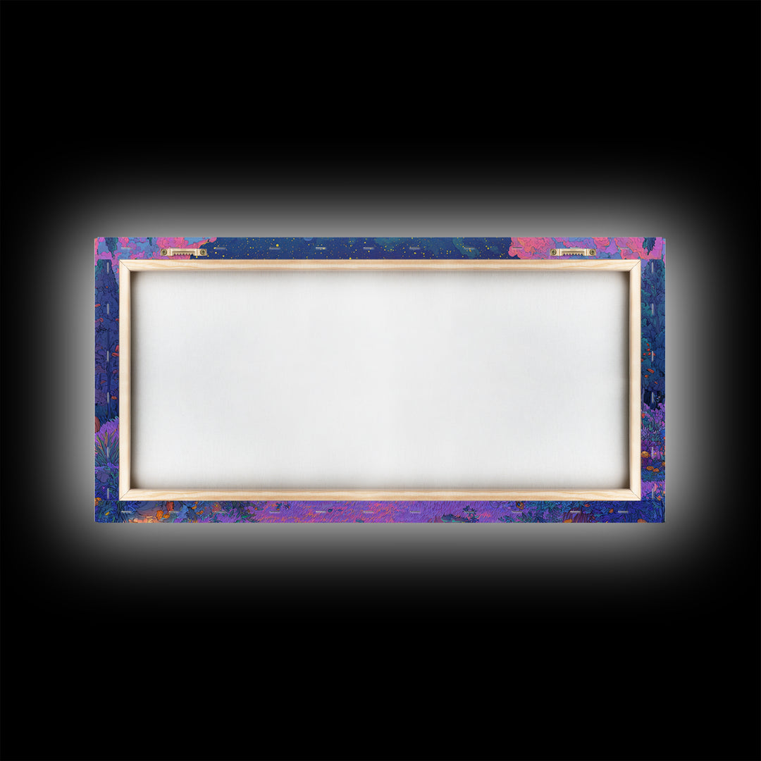 The Smiling Moon Meadow, Vaporwave Halloween Decor, Wide Panoramic Art, Canvas Print, Retro Halloween Decor, Neon Wall Art