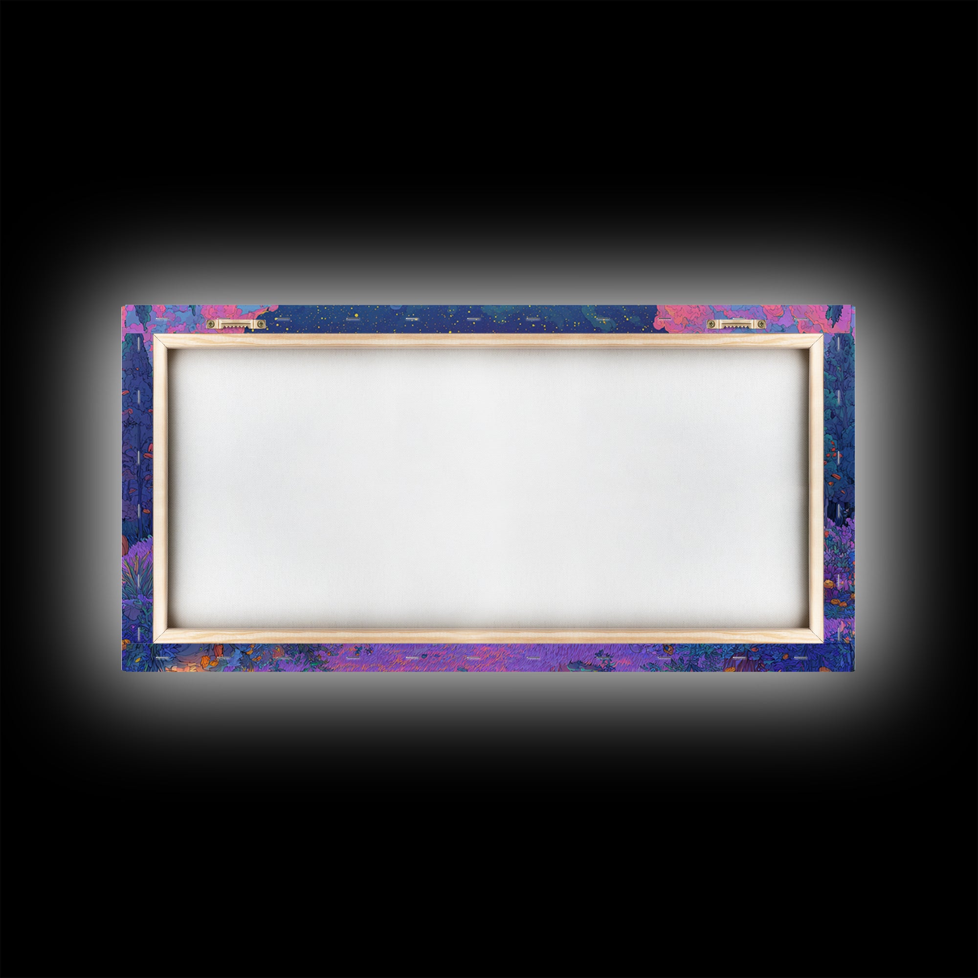 The Smiling Moon Meadow, Vaporwave Halloween Decor, Wide Panoramic Art, Canvas Print, Retro Halloween Decor, Neon Wall Art
