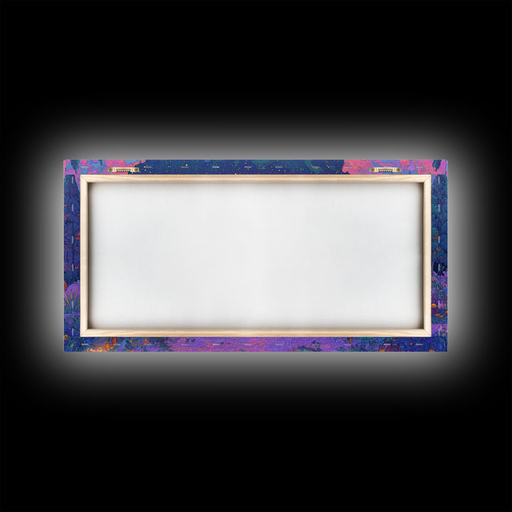 The Smiling Moon Meadow, Vaporwave Halloween Decor, Wide Panoramic Art, Canvas Print, Retro Halloween Decor, Neon Wall Art