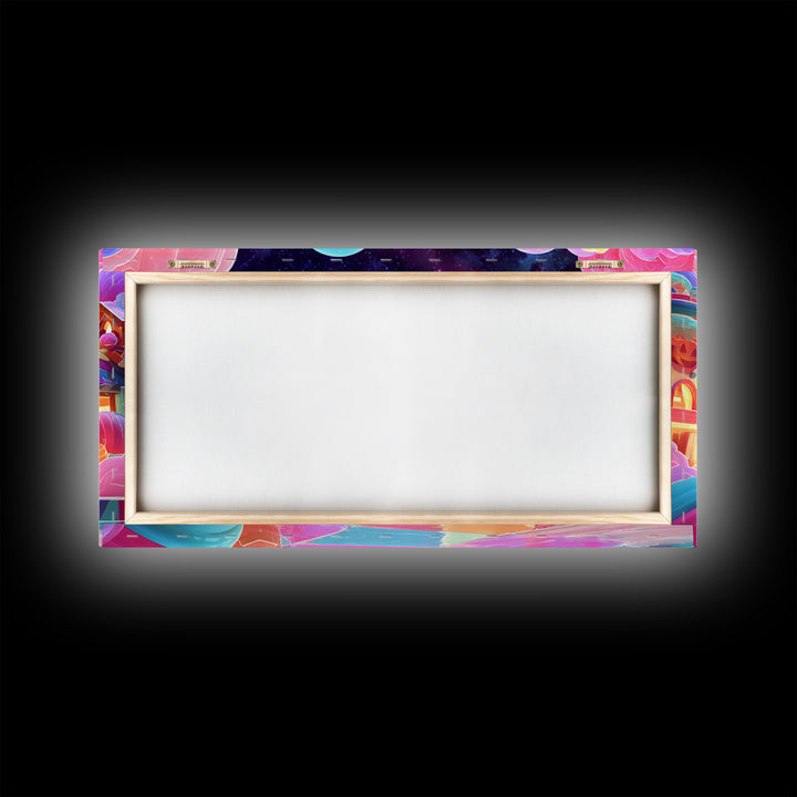 The Upside-Down Candy Kingdom, Vaporwave Halloween Decor, Wide Panoramic Art, Canvas Print, Retro Halloween Decor, Neon Wall Art