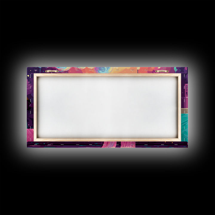 The Magical Costume Workshop, 80s Halloween Wall Art, Wide Panoramic Art, Framed Canvas Print, Retro Halloween Decor, Neon Wall Art