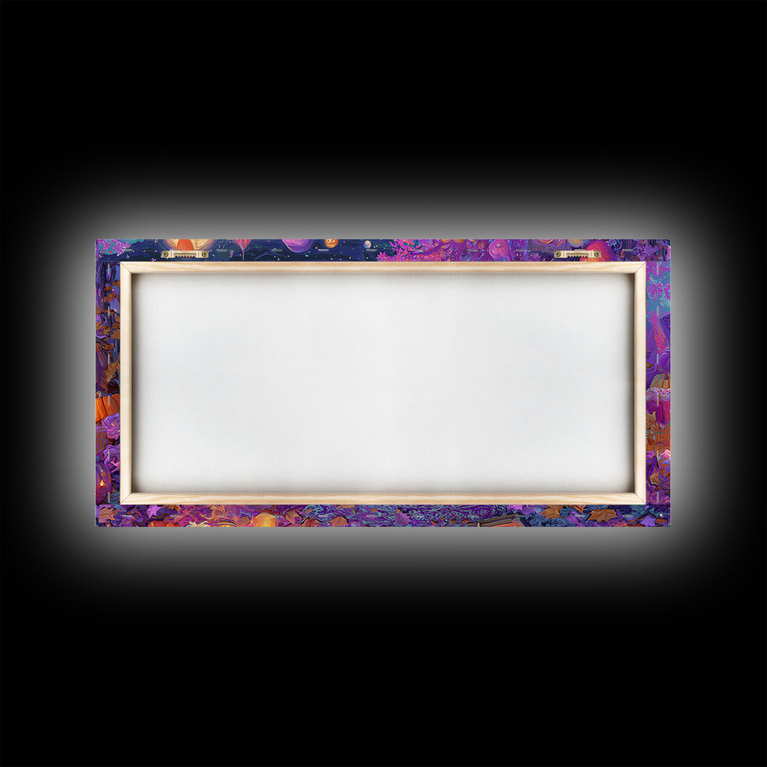 The Festival Of Friendly Frights, 80s Halloween Wall Art, Wide Panoramic Art, Framed Canvas Print, Retro Halloween Decor, Neon Wall Art