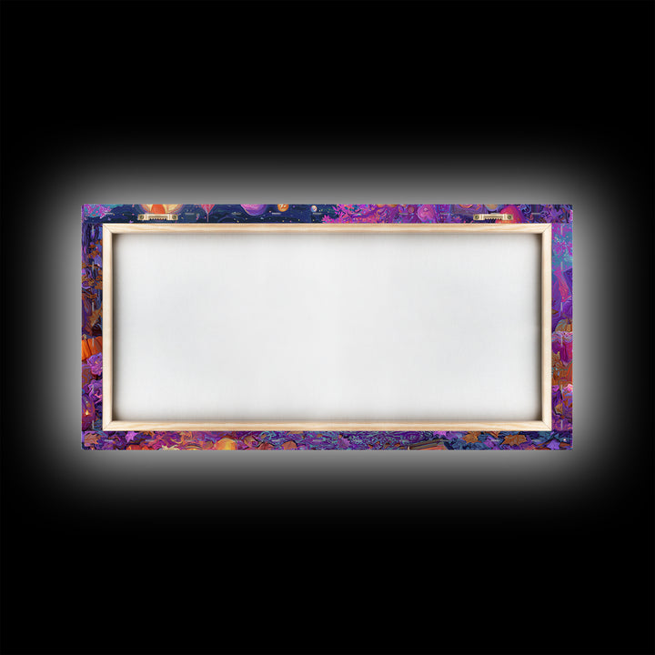 The Festival Of Friendly Frights, 80s Halloween Wall Art, Wide Panoramic Art, Framed Canvas Print, Retro Halloween Decor, Neon Wall Art