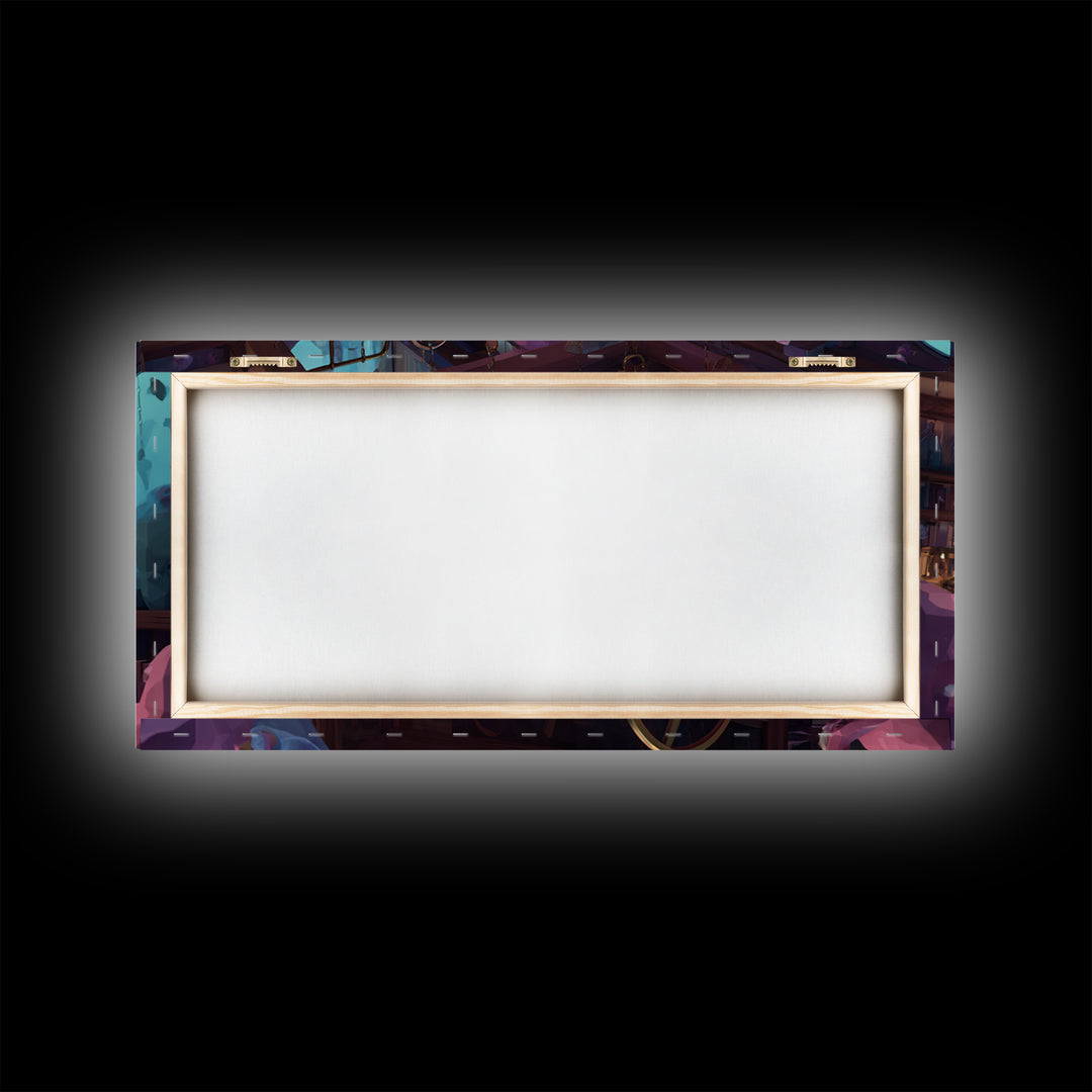 The Mapmaker Of Impossible Shores, Cosmic Synthwave Horror, Wide Panoramic Art, Framed Canvas Print, Retro Halloween Decor, Neon Wall Art