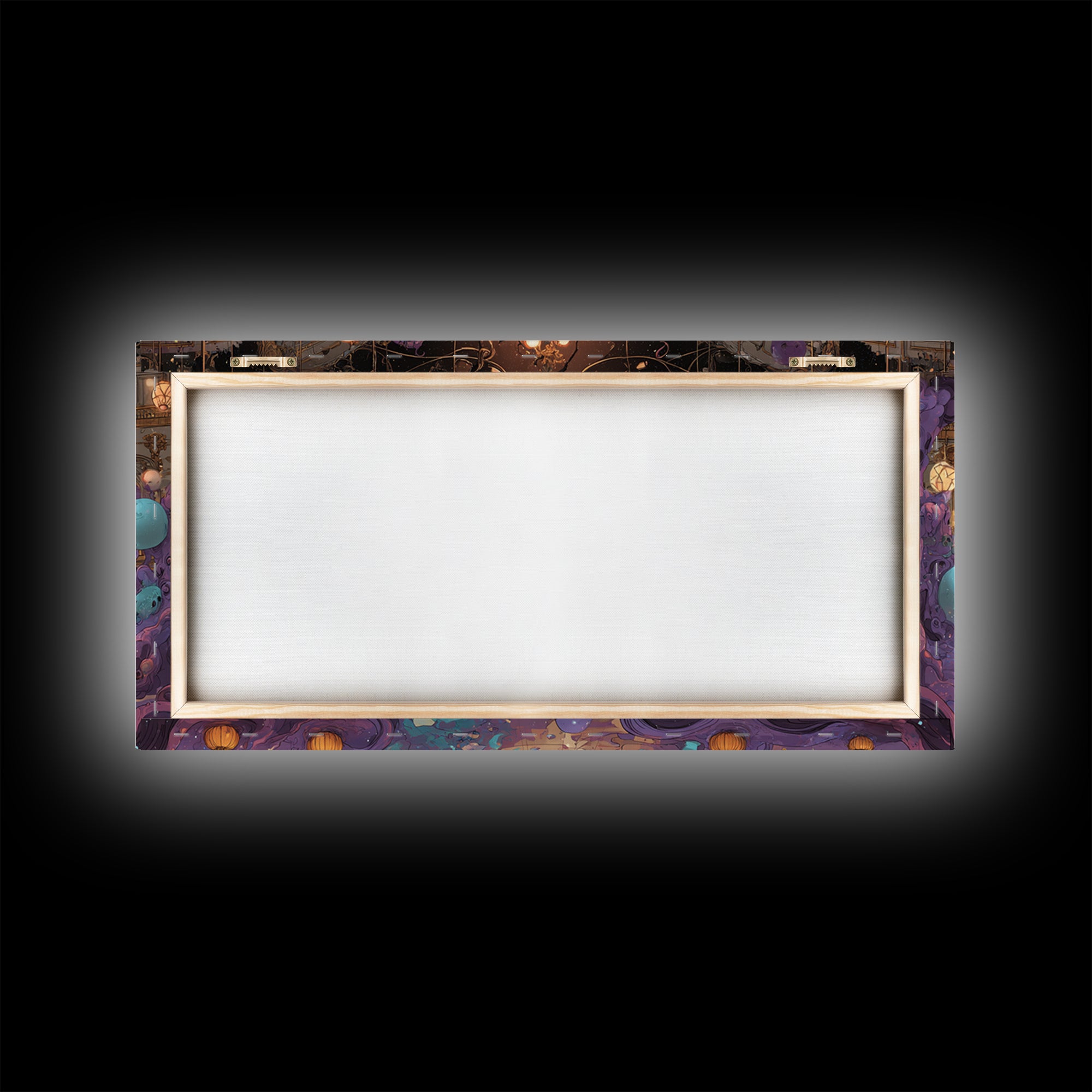 The Ballroom Of Silent Shoggoths, Cute Eldritch Neon Art, Wide Panoramic Art, Framed Canvas Print, Retro Halloween Decor, Neon Wall Art