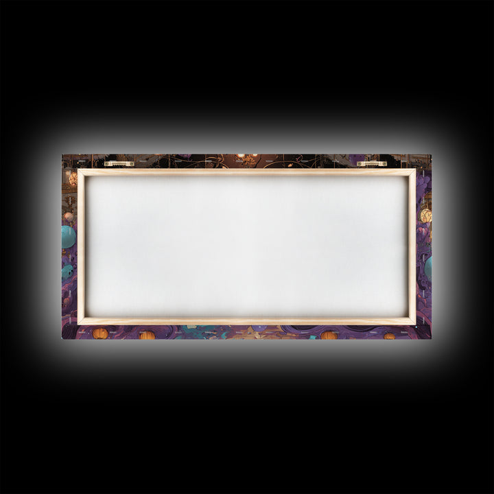 The Ballroom Of Silent Shoggoths, Cute Eldritch Neon Art, Wide Panoramic Art, Framed Canvas Print, Retro Halloween Decor, Neon Wall Art