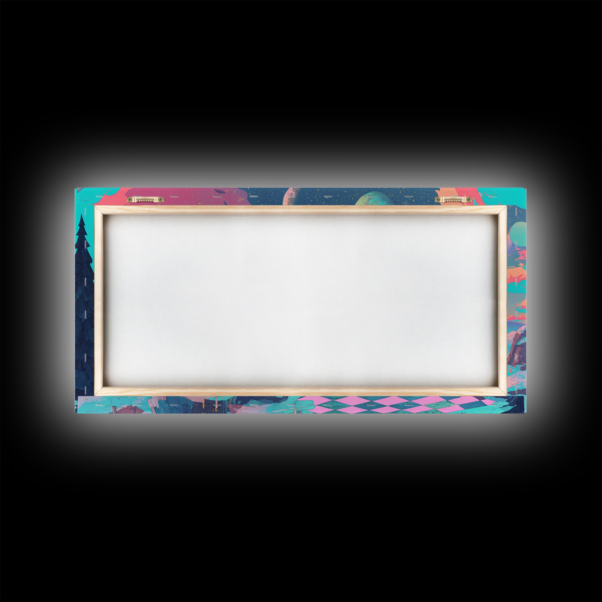 The Candelit Ark Of Forgotten Stars, Cosmic Synthwave Horror, Wide Panoramic Art, Framed Canvas Print, Retro Halloween Decor, Neon Wall Art