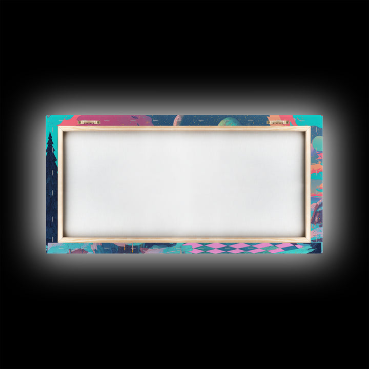The Candelit Ark Of Forgotten Stars, Cosmic Synthwave Horror, Wide Panoramic Art, Framed Canvas Print, Retro Halloween Decor, Neon Wall Art