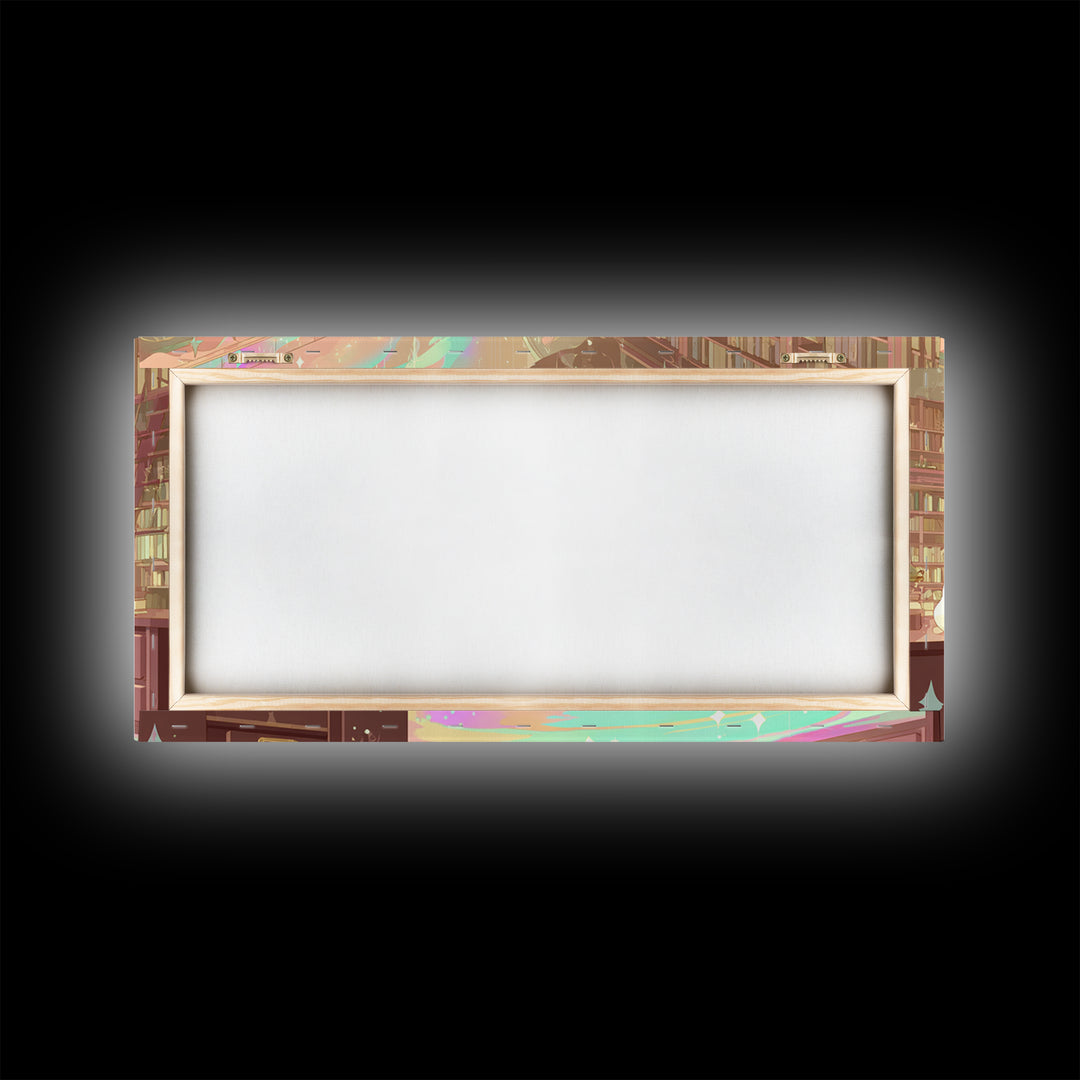 The Archivist Of Dreaming Bones, Cosmic Synthwave Horror, Wide Panoramic Art, Framed Canvas Print, Retro Halloween Decor, Neon Wall Art