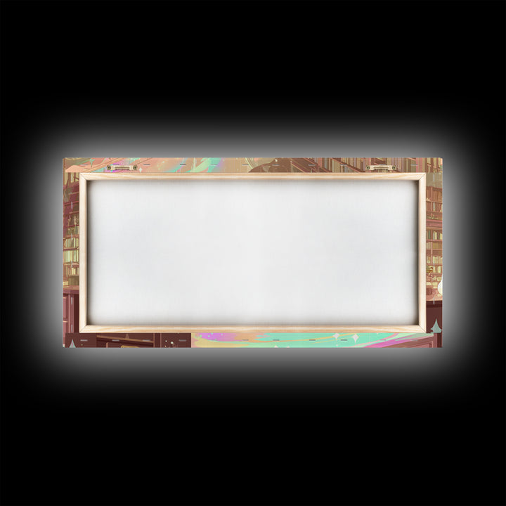 The Archivist Of Dreaming Bones, Cosmic Synthwave Horror, Wide Panoramic Art, Framed Canvas Print, Retro Halloween Decor, Neon Wall Art