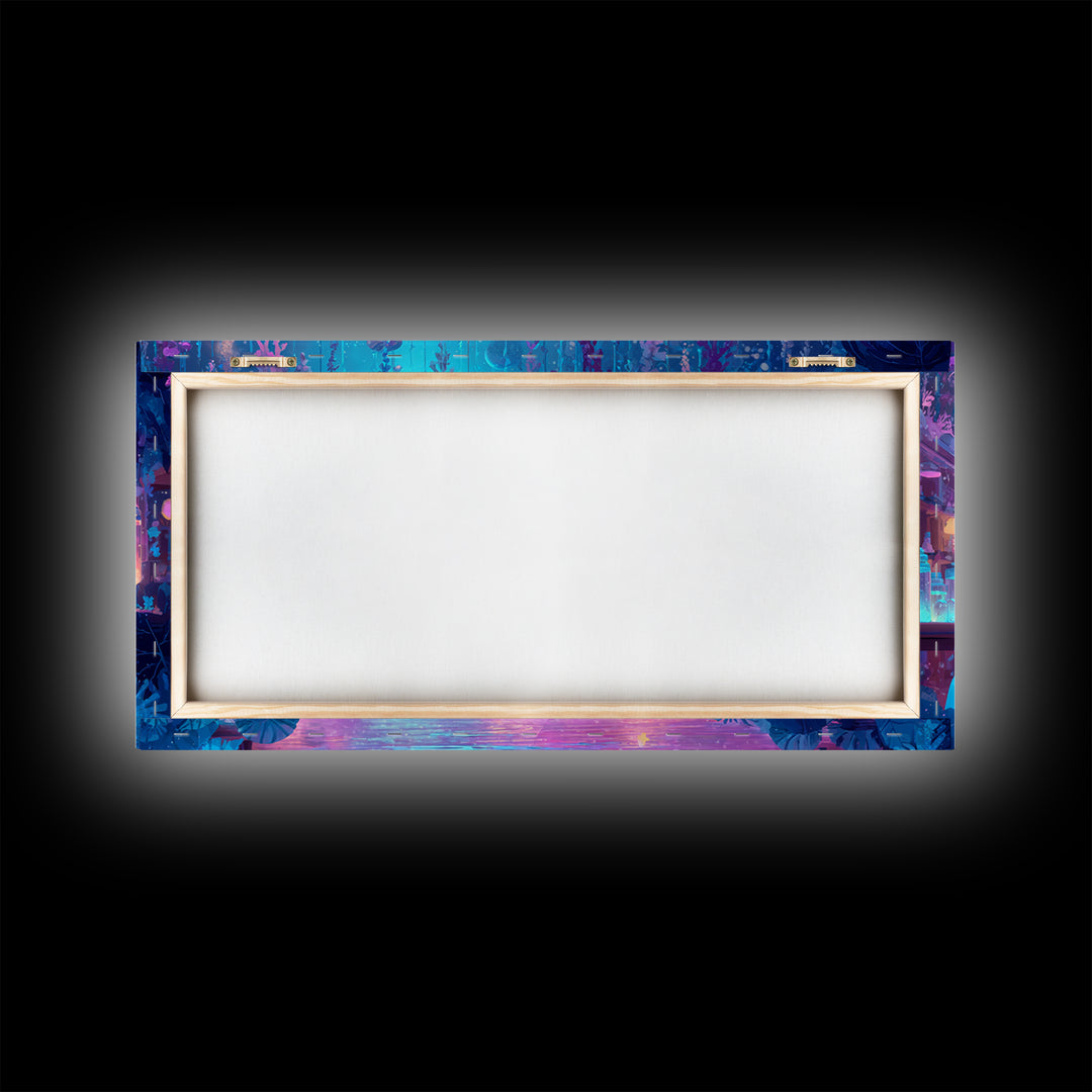 The Apothecary Of Black Seashell Dreams, Cute Eldritch Neon Art, Wide Panoramic Art, Canvas Print, Retro Halloween Decor, Neon Wall Art