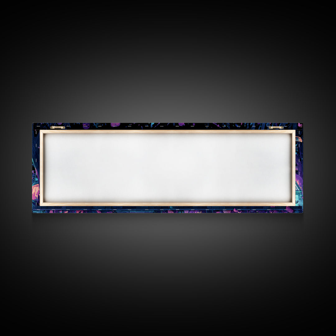 The Festival Of The Little Old Ones, Vaporwave Halloween Decor, Extra Wide Wall Art, Framed Canvas Print, Retro Halloween Decor