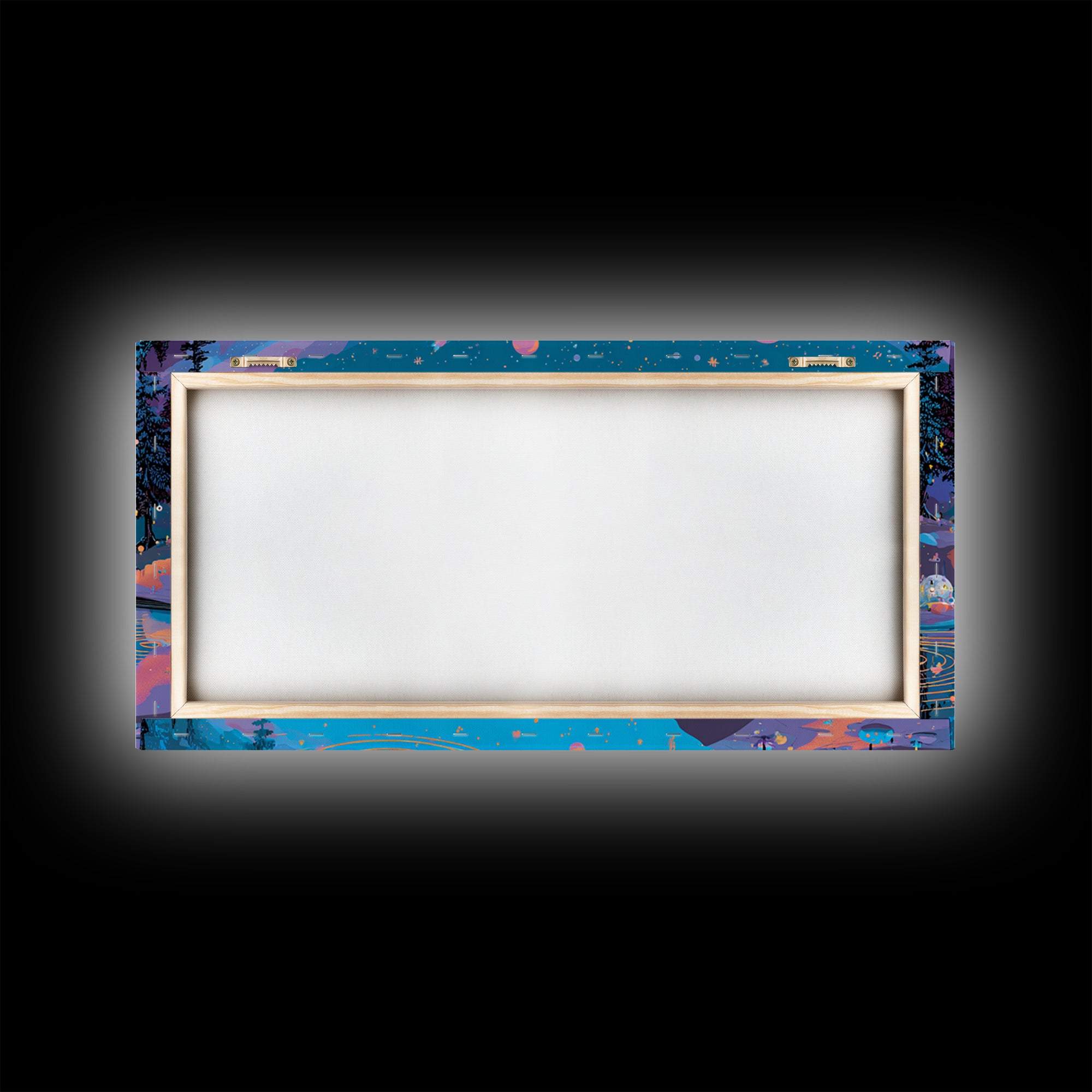 The Mirror Lake Of Lost Constellations, Synthwave Halloween Art, Wide Panoramic Art, Framed Canvas Print, Retro Halloween Decor