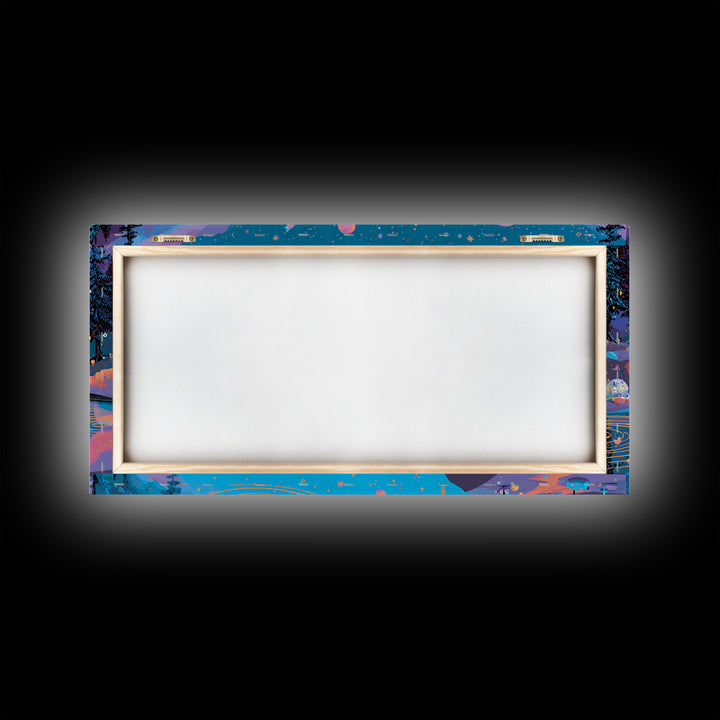The Mirror Lake Of Lost Constellations, Synthwave Halloween Art, Wide Panoramic Art, Framed Canvas Print, Retro Halloween Decor