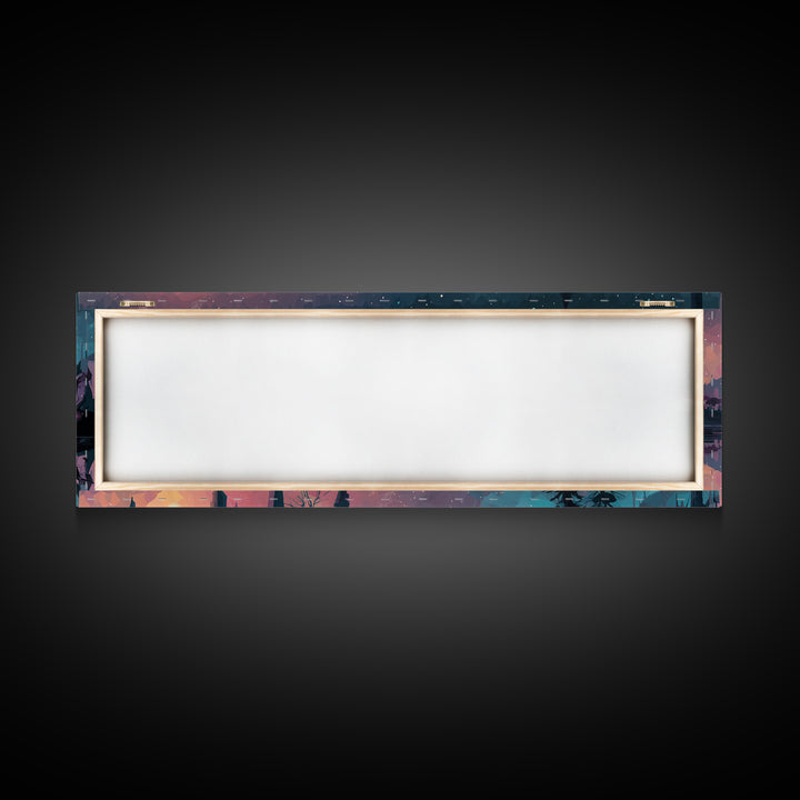 The Mirror Lake Of Lost Constellations, Cosmic Synthwave Horror, Extra Wide Wall Art, Framed Canvas Print, Retro Halloween Decor