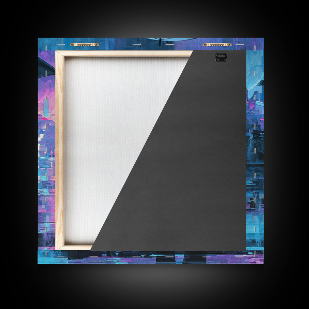Glowing Umbrella Figure Framed Canvas Print, Cyberpunk Art, Cyberpunk Decor, Living Room Decor, Fine Art, Neon, Modern Decor, CYB-1x1-39