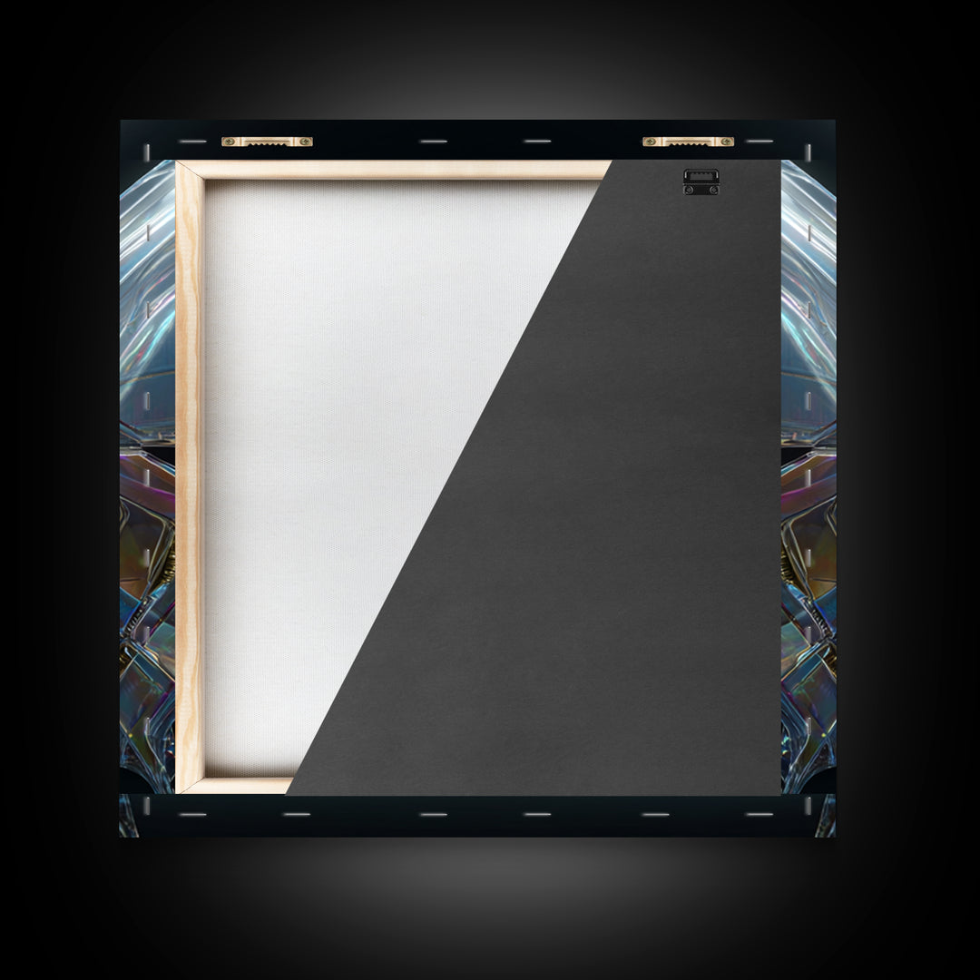 Holographic Butterfly over Black Metal Surface Framed Canvas Print, Cyberpunk Art, Modern Decor, Living Room Decor, Neon, CYB-1x1-67