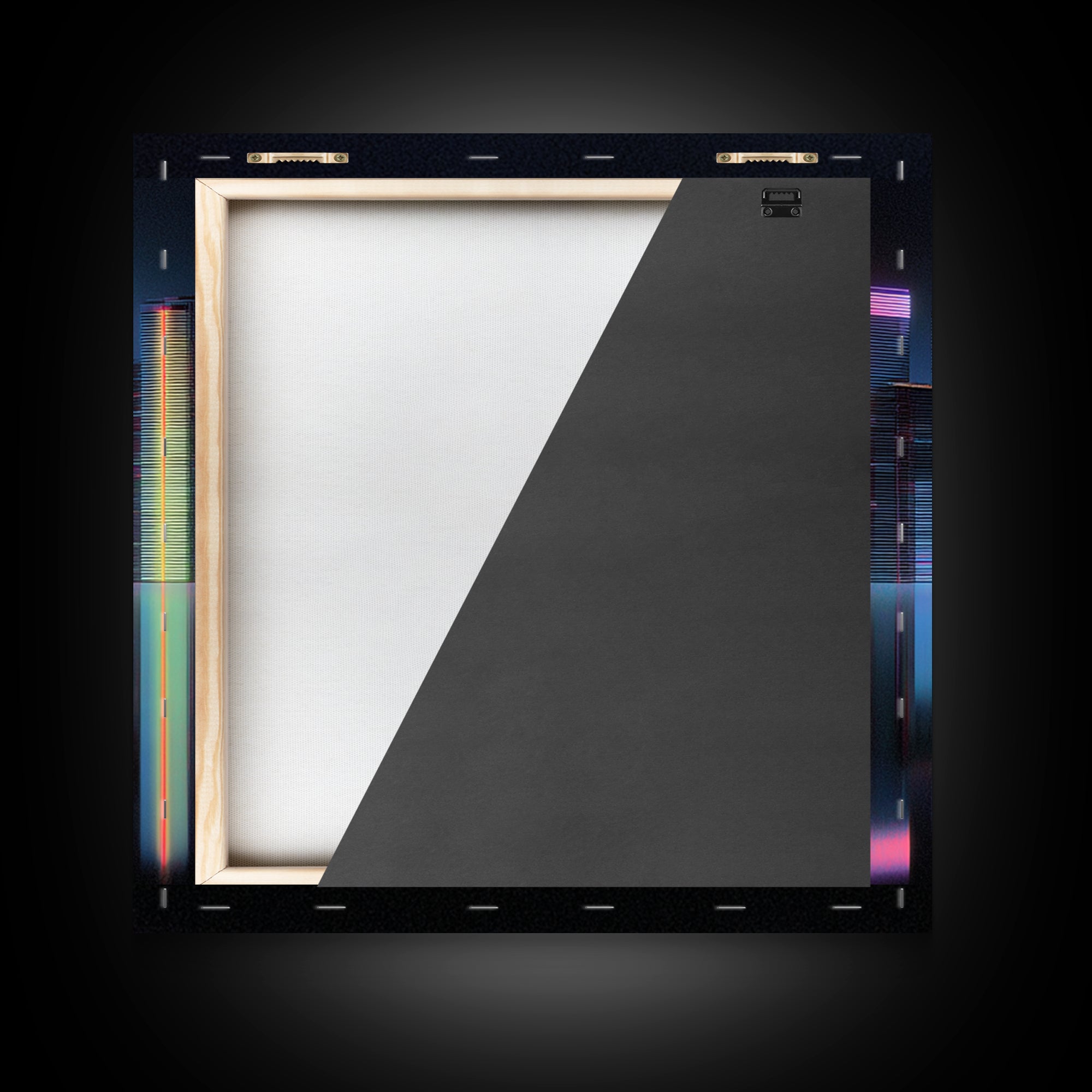Neon Skyline Reflected Framed Canvas Print, Cyberpunk Art, Minimalist Poster, Living Room Decor, Fine Art, Neon, CYB-1x1-70