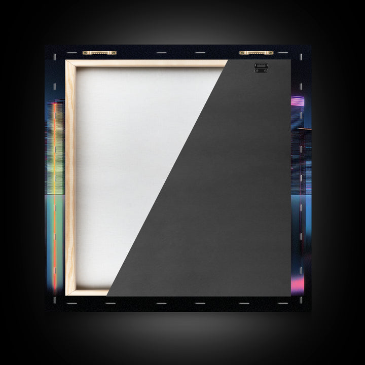 Neon Skyline Reflected Framed Canvas Print, Cyberpunk Art, Minimalist Poster, Living Room Decor, Fine Art, Neon, CYB-1x1-70
