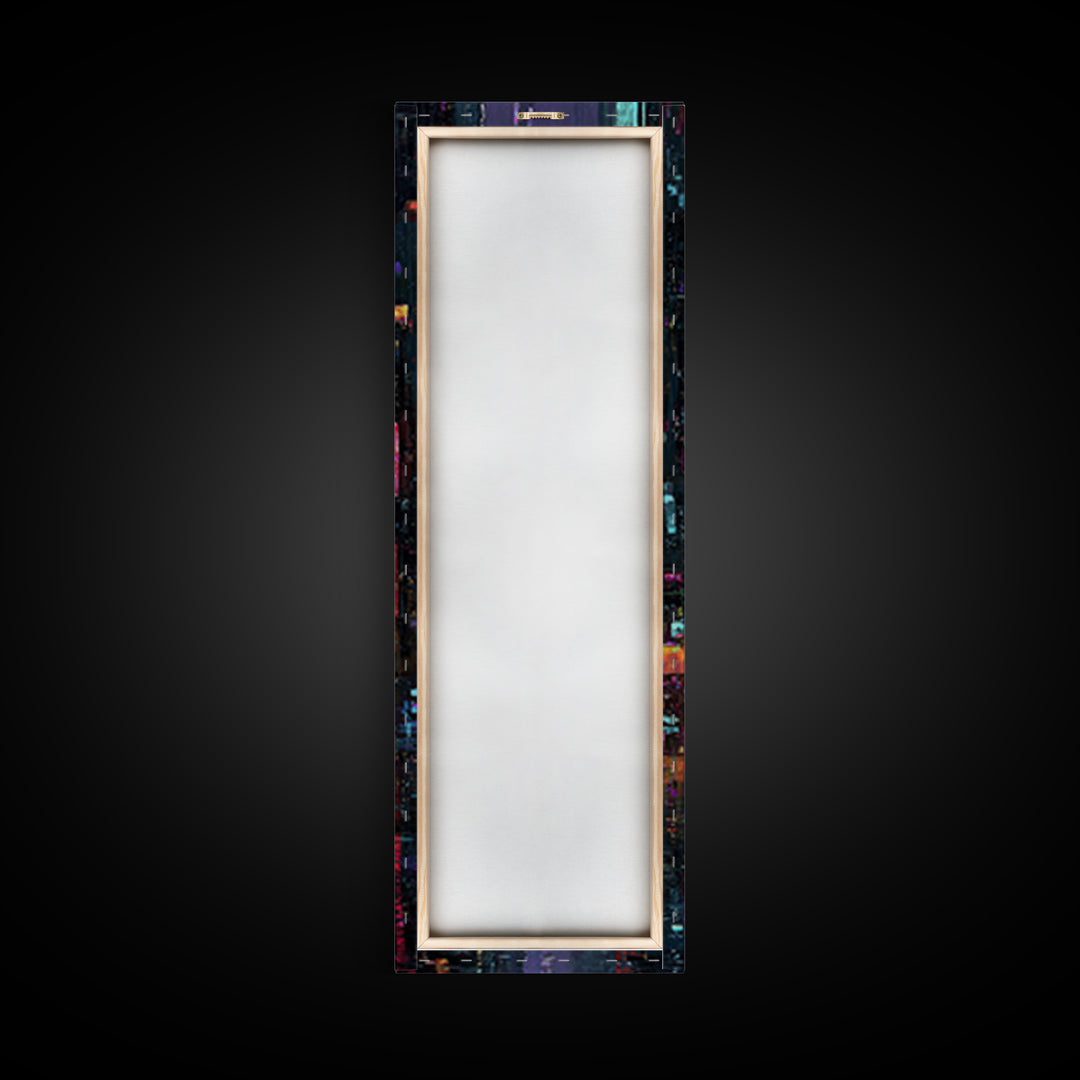Neon Skyline Reflected Framed Canvas Print, Cyberpunk Art, Modern Wall Decor, Living Room Decor, Abstract Art, Neon, CYB-1x3-34