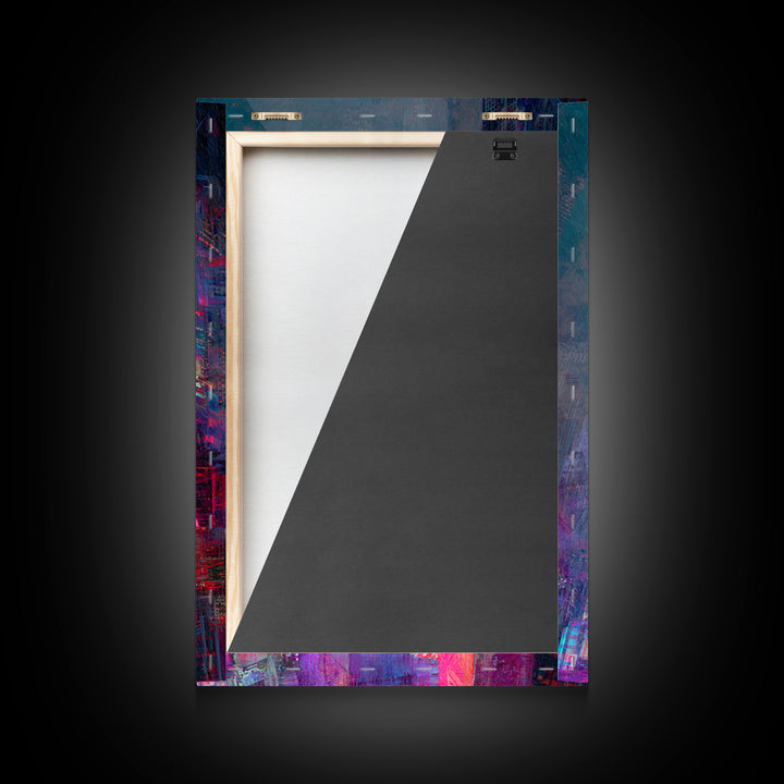 Neon Dragon Wrapped Around Skyscraper Shapes Framed Canvas Print, Cyberpunk Art, Poster, Living Room Decor, Fine Art, Neon, CYB-2x3-22