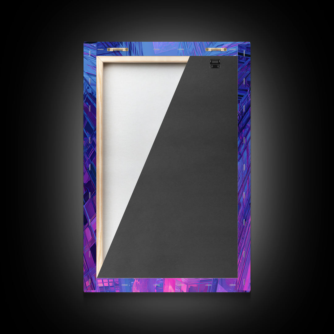 Neon Dragon Wrapped Around Skyscraper Shapes Framed Canvas Print, Cyberpunk Art, Poster, Living Room Decor, Fine Art, Neon, CYB-2x3-46