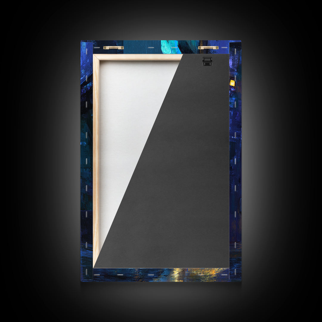 Rain Soaked Alley Framed Canvas Print, Cyberpunk Art, Art Print, Living Room Decor, Abstract Art, Neon, Blue Wall Art, CYB-2x3-64