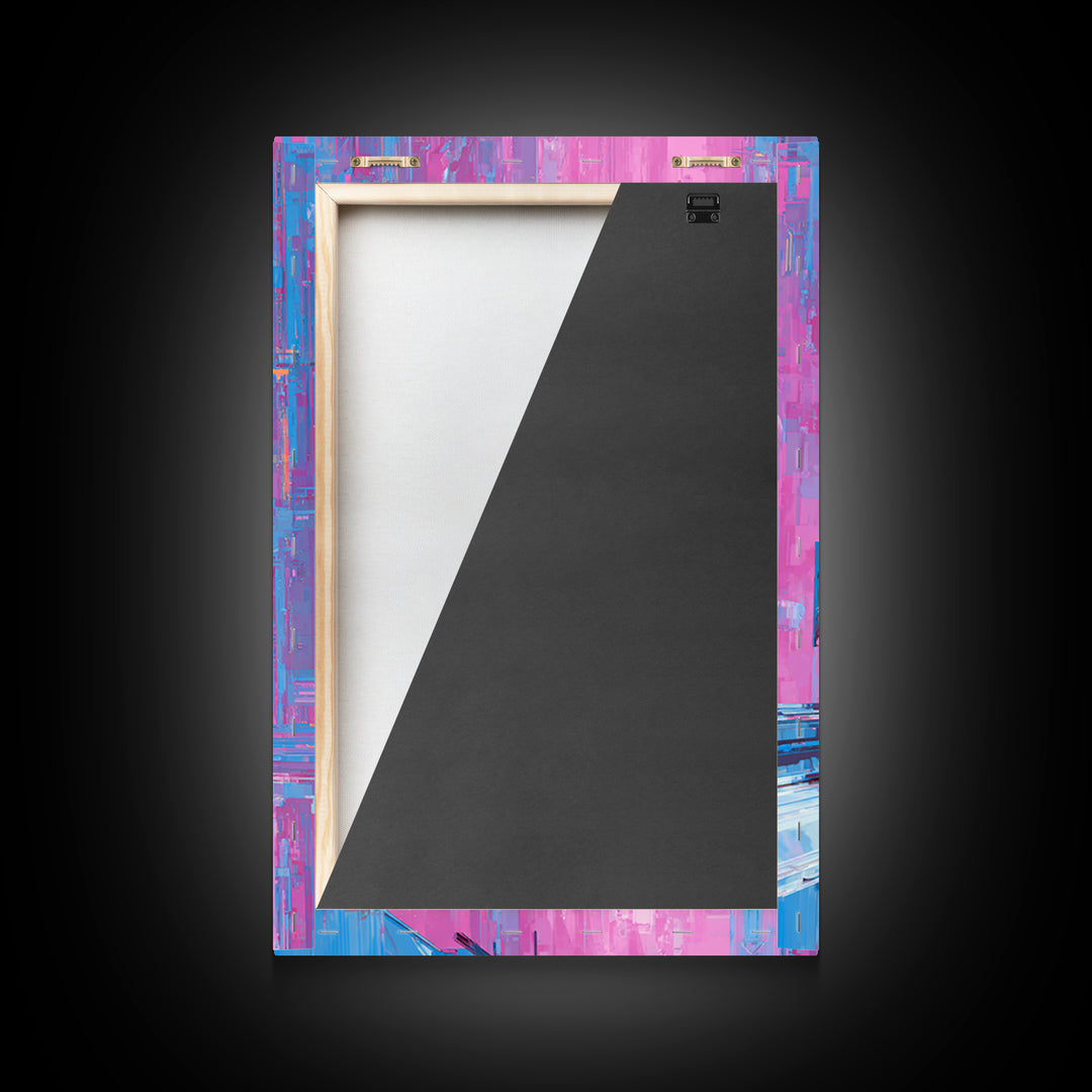 City Train Rushing Through Pink Electric Haze Framed Canvas Print, Cyberpunk Art, Cool Wall Art, Living Room Decor, Neon, CYB-2x3-93