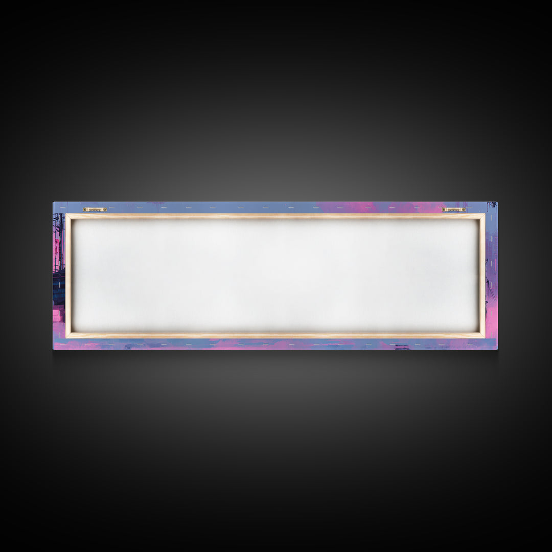 City Train Rushing Through Pink Electric Haze Framed Canvas Print, Cyberpunk Art, Japanese Art, Living Room Decor, CYB-3x1-5