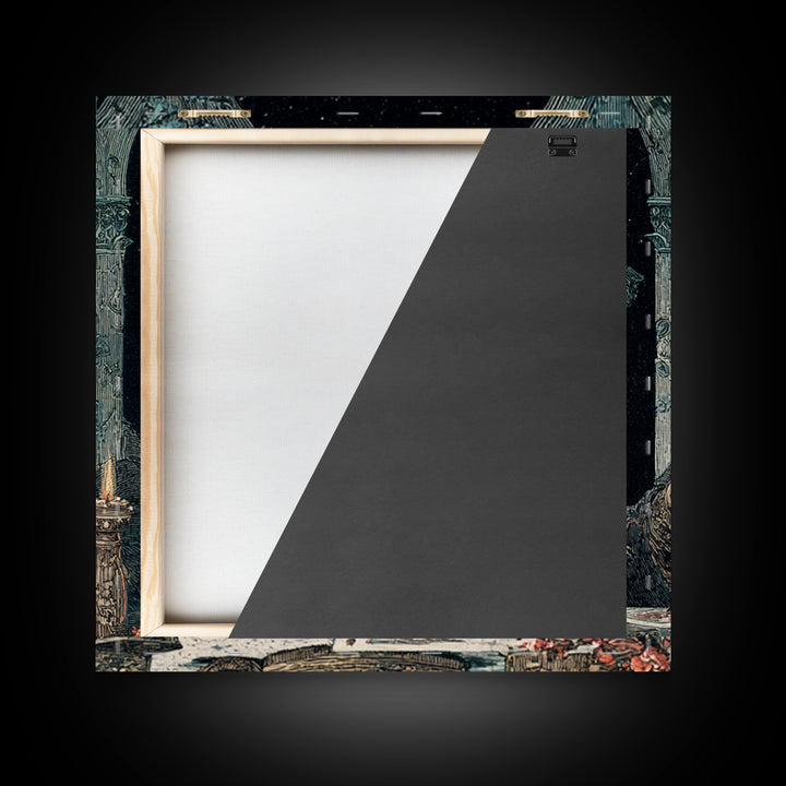 The Midnight Fortune Teller, Symbolist Etching Art, Square Wall Art, Dark Halloween Decor, Framed Canvas Print, Halloween Wall Art