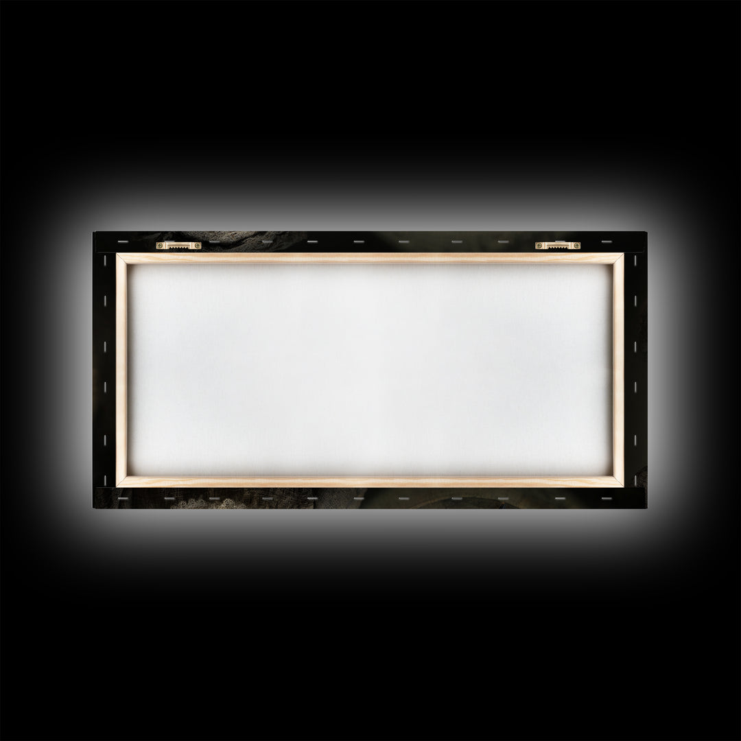 The Haunted Porcelain Doll, Northern Renaissance Horror, Wide Panoramic Art, Dark Halloween Decor, Framed Canvas Print