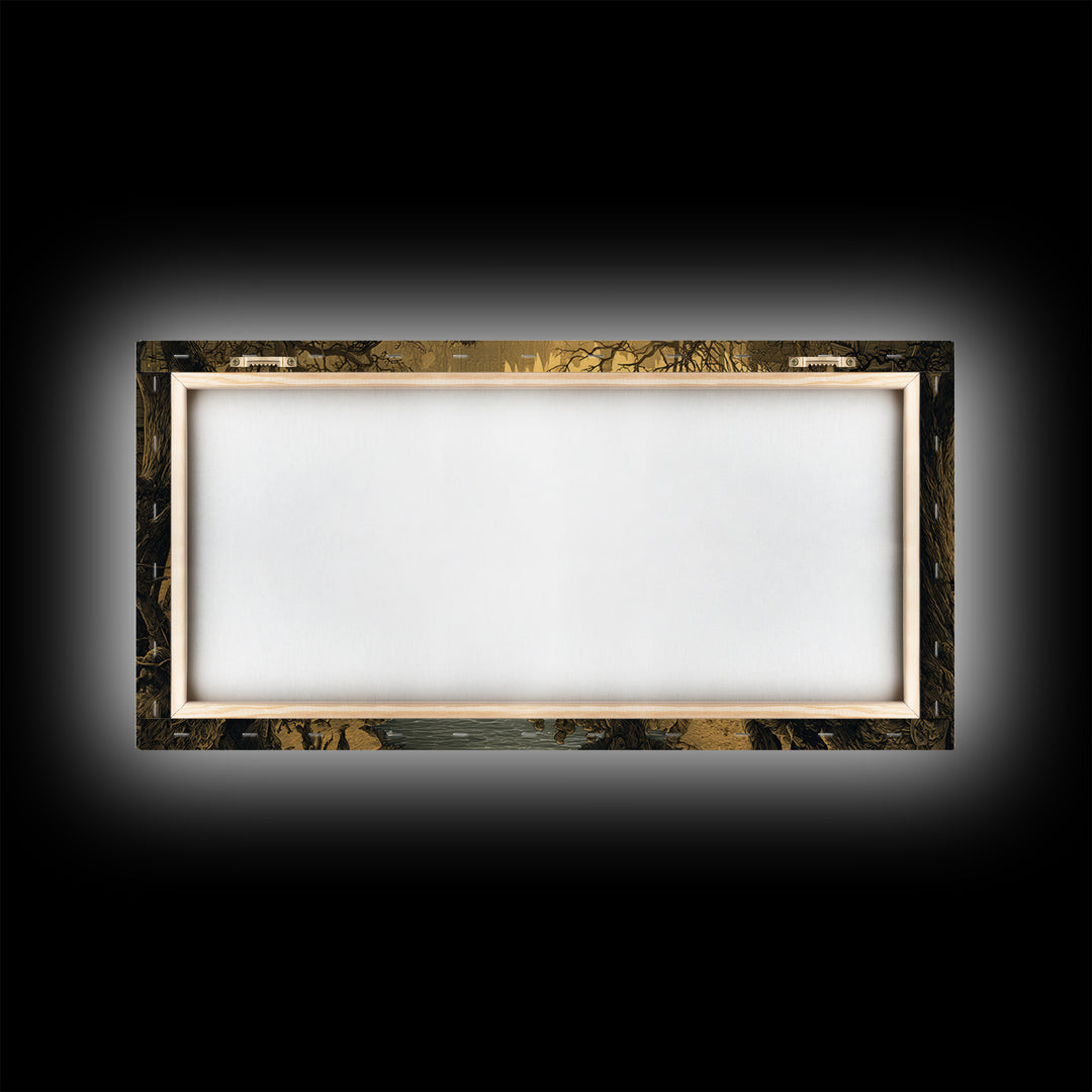 The Bridge Troll At Midnight, Northern Renaissance Horror, Wide Panoramic Art, Gothic Horror Wall Art, Framed Canvas Print