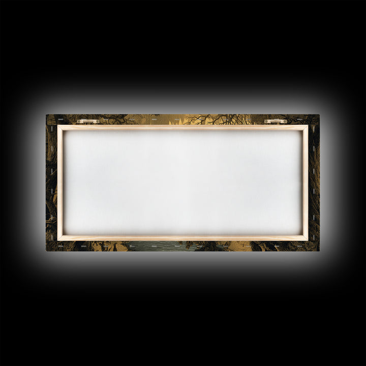 The Bridge Troll At Midnight, Northern Renaissance Horror, Wide Panoramic Art, Gothic Horror Wall Art, Framed Canvas Print
