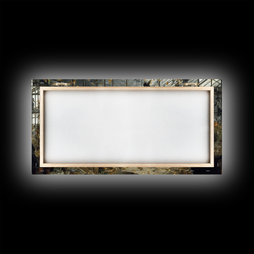 The Cemetery Greenhouse, Northern Renaissance Horror, Wide Panoramic Art, Dark Halloween Decor, Framed Canvas Print