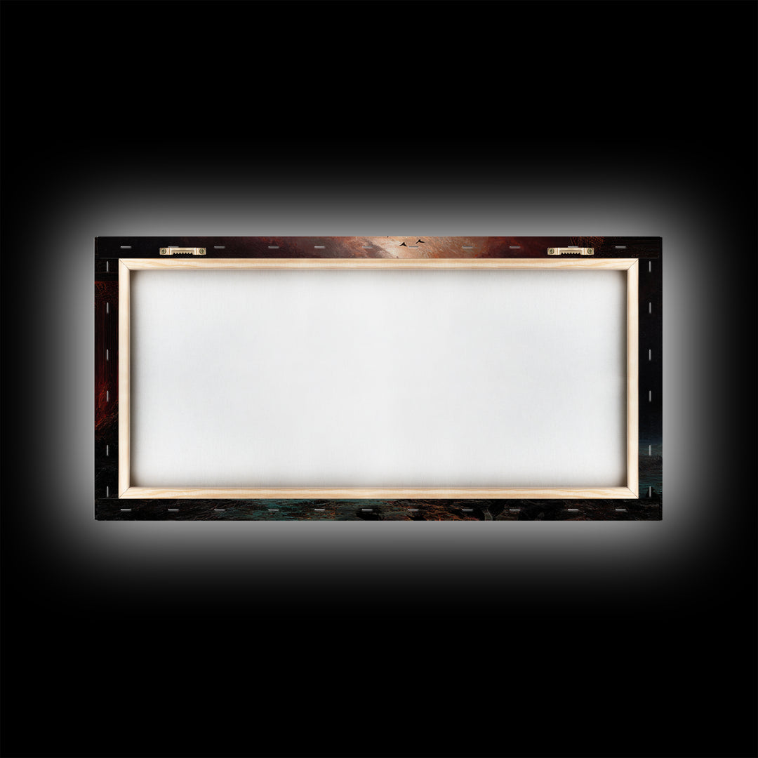 The Raven Funeral, Apocalyptic Romantic Art, Wide Panoramic Art, Macabre Wall Art, Framed Canvas Print, Halloween Wall Art