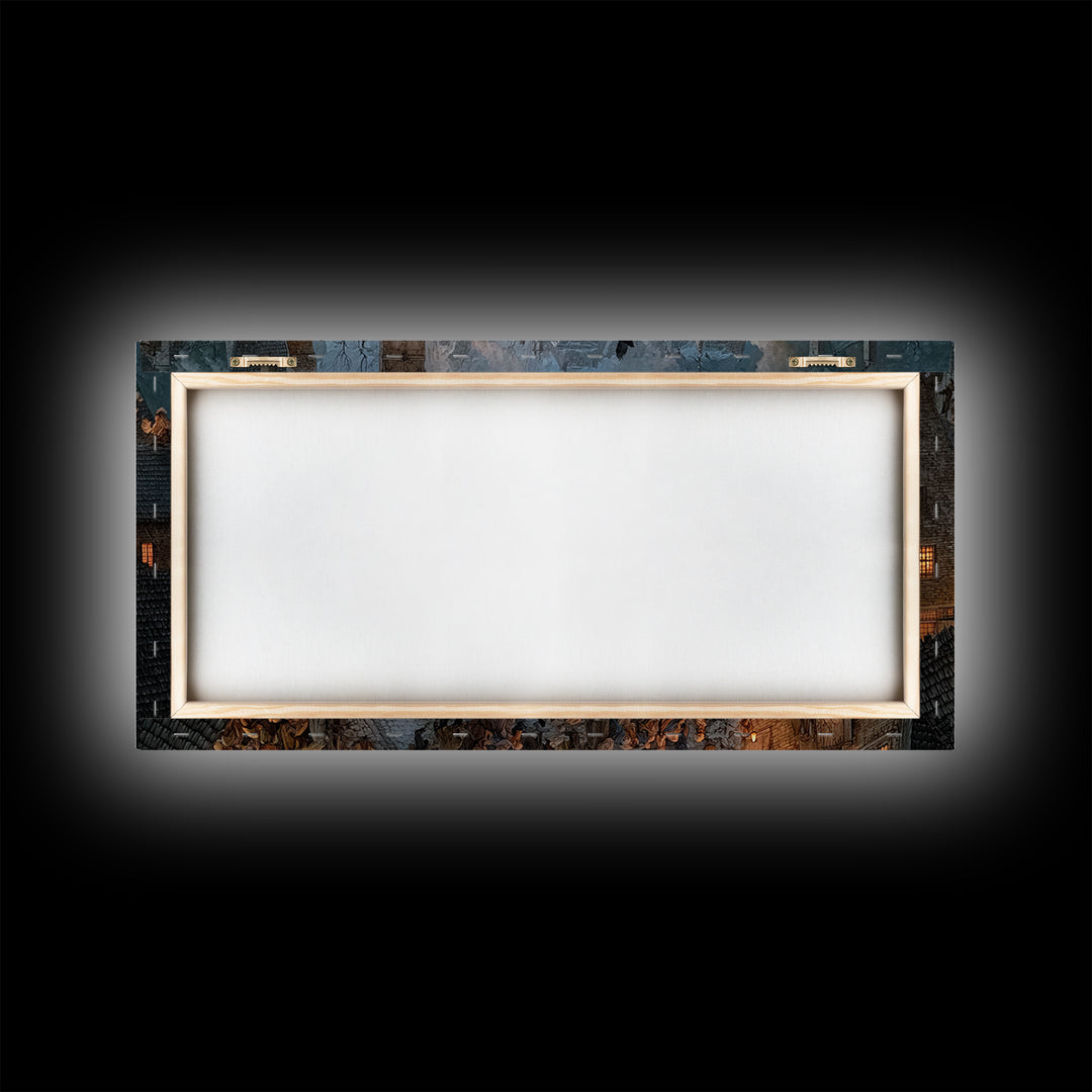 The Thirteenth Bell, Northern Renaissance Horror, Wide Panoramic Art, Dark Halloween Decor, Framed Canvas Print
