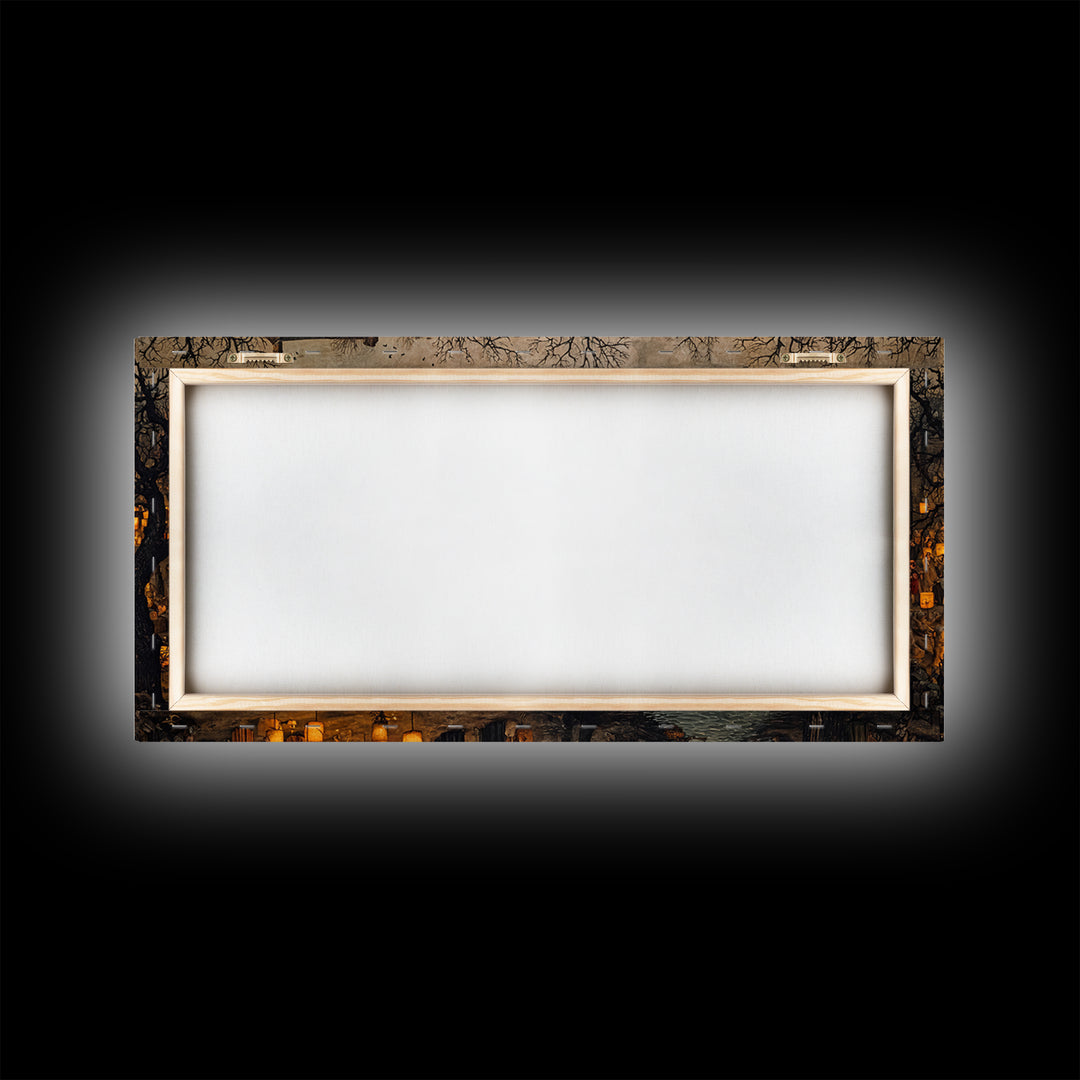 The Cemetery Lantern Festival, Northern Renaissance Horror, Wide Panoramic Art, Dark Halloween Decor, Framed Canvas Print