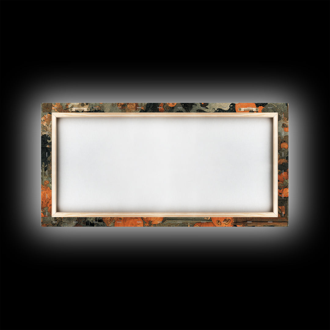 Vintage Orange-And-Black Halloween, Grotesque Carnival Art, Wide Panoramic Art, Macabre Wall Art, Framed Canvas Print, Halloween Wall Art
