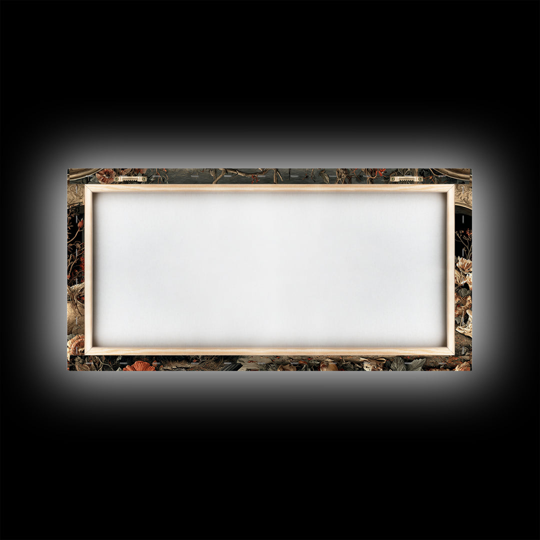 Skeletal Botanicals, Northern Renaissance Horror, Wide Panoramic Art, Dark Fantasy Wall Art, Framed Canvas Print, Macabre Wall Art