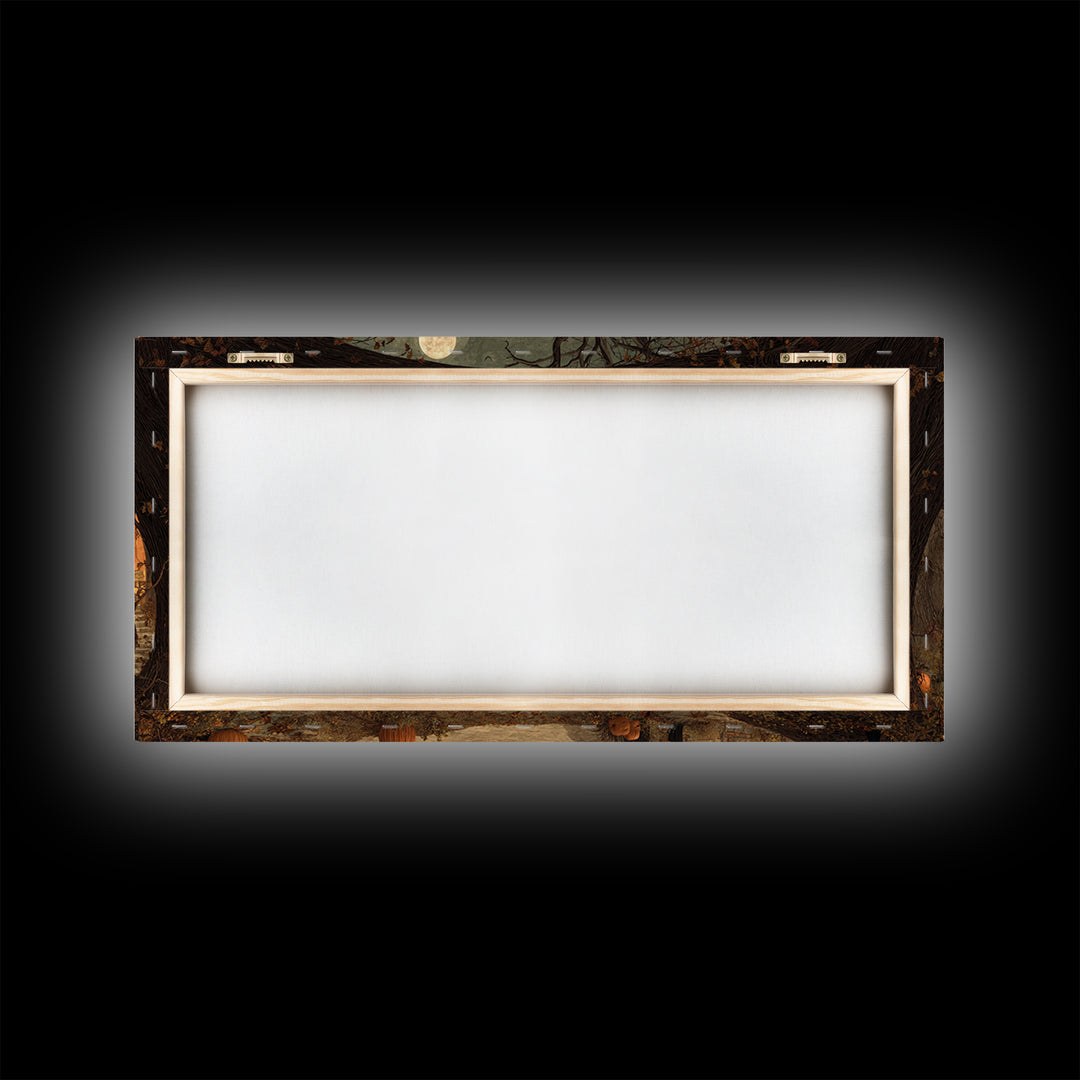 The Pumpkin-House Neighborhood, Northern Renaissance Horror, Wide Panoramic Art, Dark Fantasy Wall Art, Framed Canvas Print