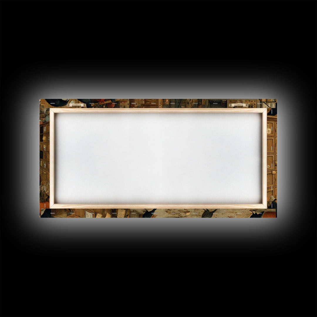 The Raven Post Office, Northern Renaissance Horror, Wide Panoramic Art, Dark Fantasy Wall Art, Framed Canvas Print