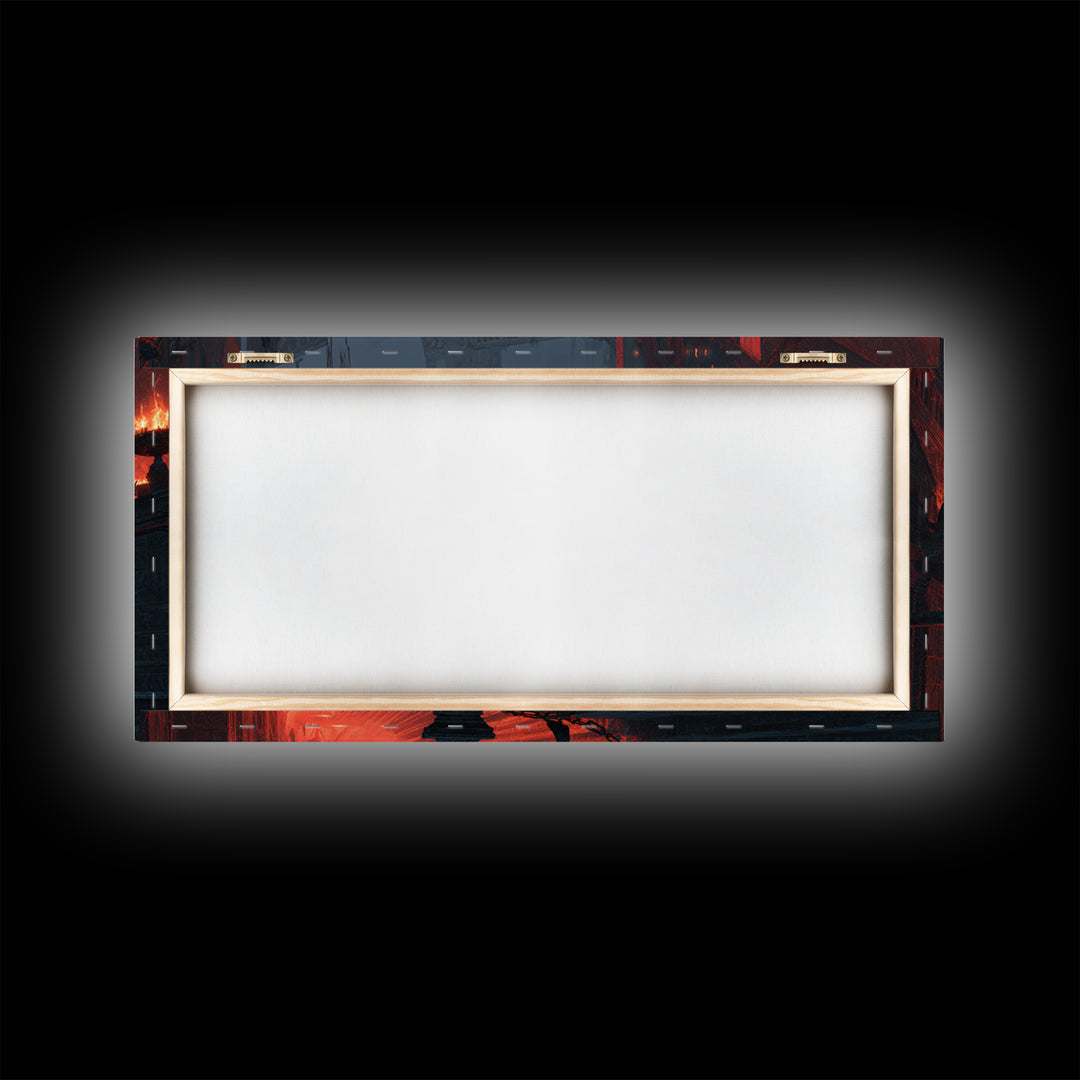 The Volcanic Demon Festival, Architectural Etching Art, Wide Panoramic Art, Gothic Horror Wall Art, Canvas Print