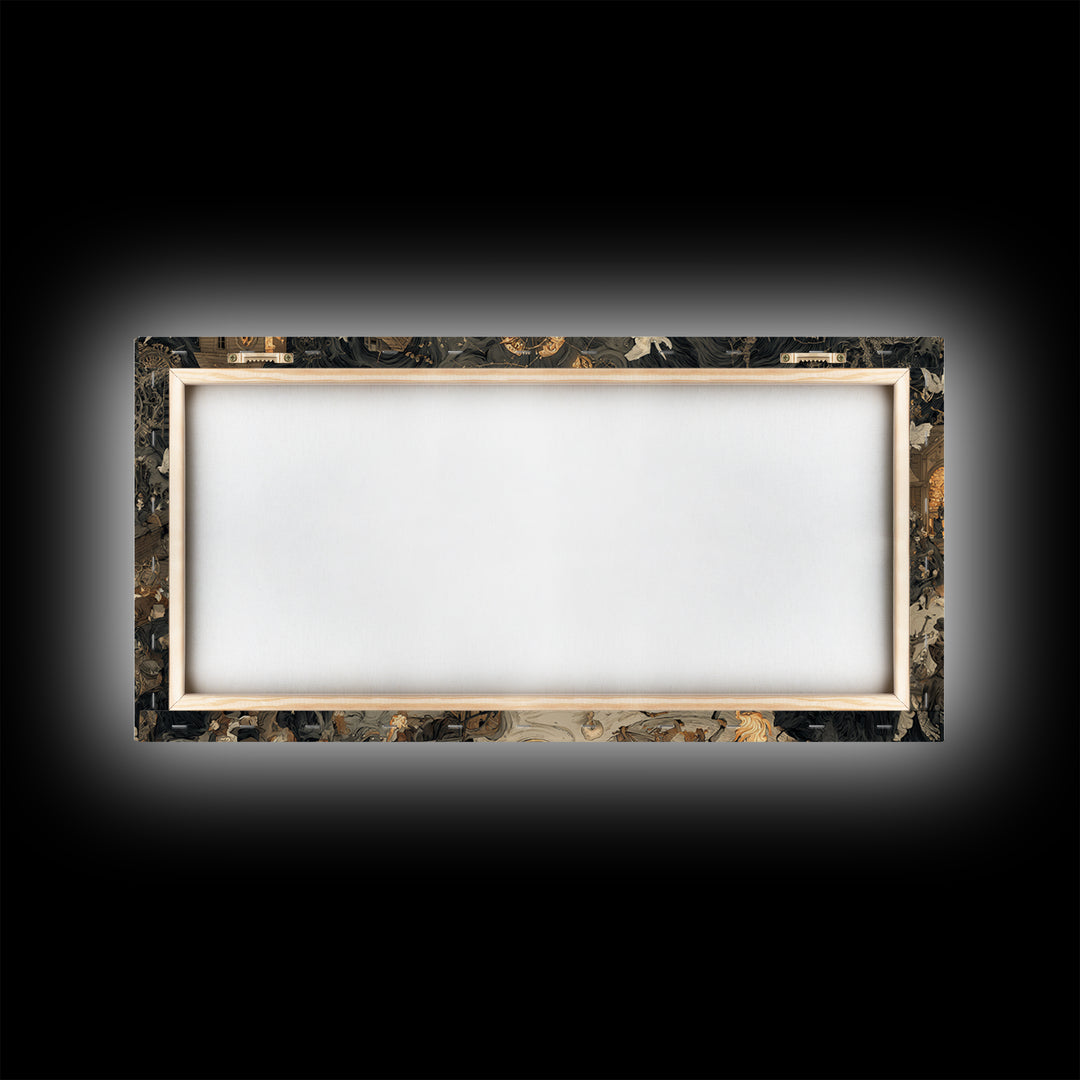 The Clockwork Haunted House, Northern Renaissance Horror, Wide Panoramic Art, Macabre Wall Art, Framed Canvas Print