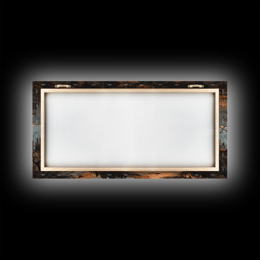 The Upside-Down Cemetery, Apocalyptic Romantic Art, Wide Panoramic Art, Macabre Wall Art, Framed Canvas Print, Halloween Wall Art